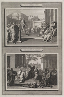 KG 12126
<br/>
Illustraties uit de Bijbel van Martin, Handelingen XVII.Vs.22, XIX.Vs.29. Paulus predikt tot Atheners & Boekverbranding te Ephese.
<br/>
<em>Picart, Bernard (1673-1733)</em>